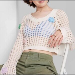 Wild Fable Crochet Sweater w/ Floral Accents